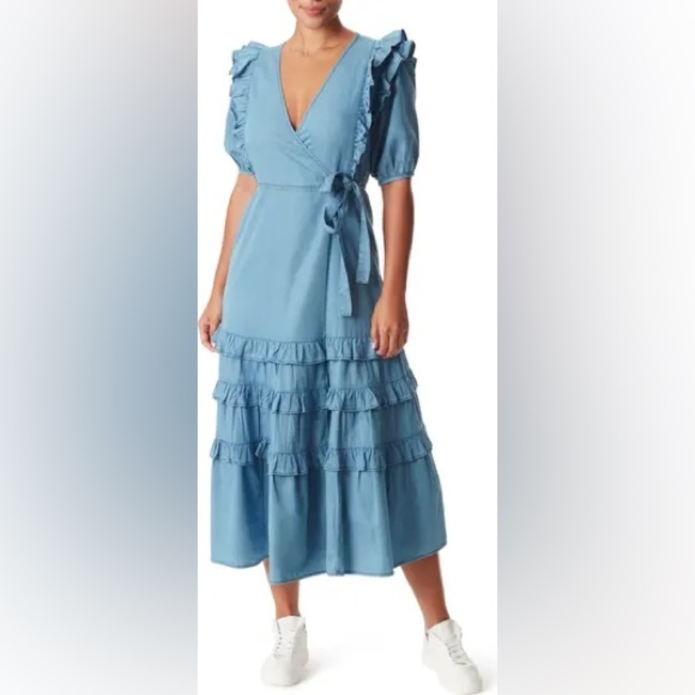 Sam Edelman Ophelia Ruffle Blue Midi Wrap Dress Size Medium NEW WITH TAGS